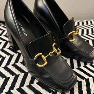 Marc Fisher Black Leather Heel Loafers with Gold Accents